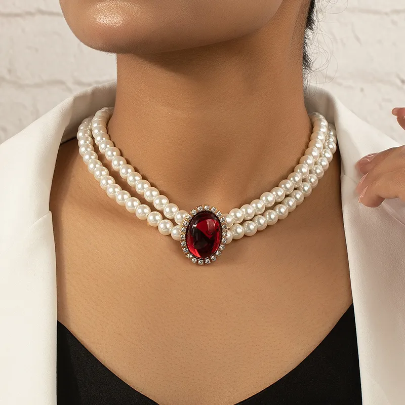 Faux Pearl Choker with Red Gem Centerpiece