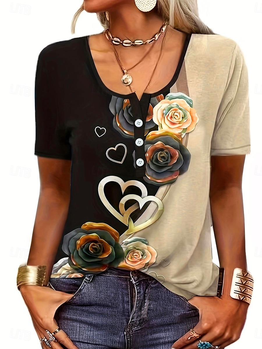 Ombre Floral Button Short Sleeve Tee