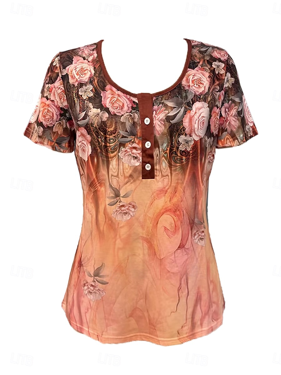 Ombre Floral Button Short Sleeve Tee