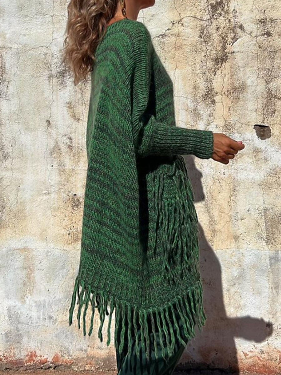 Crew Neck Tassel Pocket Ribbed Knit Sweater Camel & Green Casual