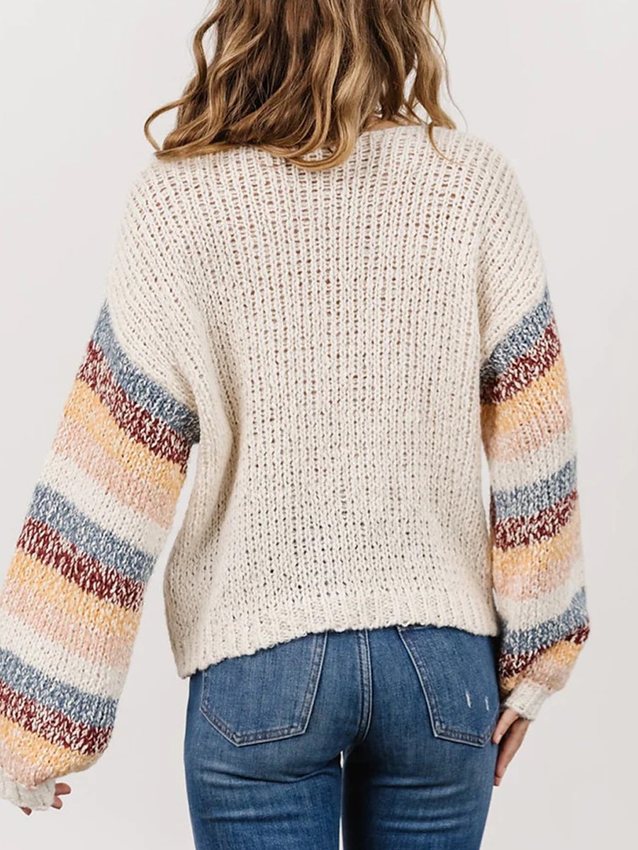 Crew Neck Ribbed Knit Sweater White Striped Plus Size Patchwork