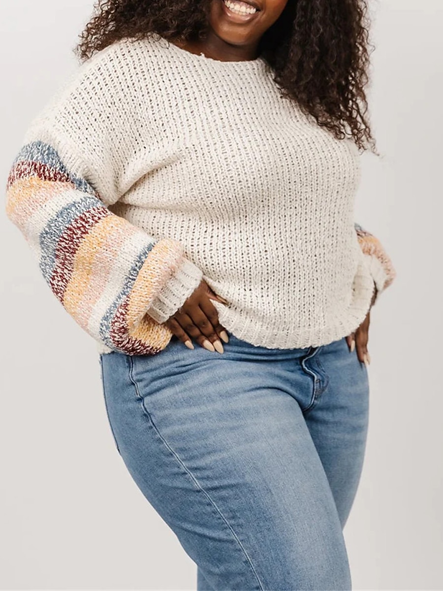 Crew Neck Ribbed Knit Sweater White Striped Plus Size Patchwork
