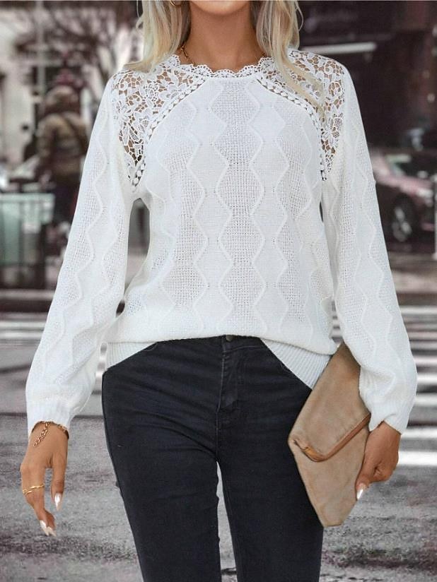 Crew Neck Waffle Knit Sweater Elegant Lace Design in White