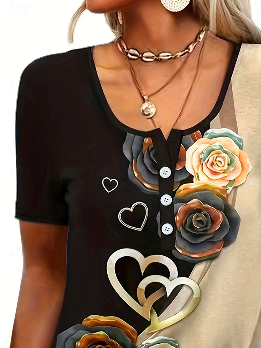 Ombre Floral Button Short Sleeve Tee