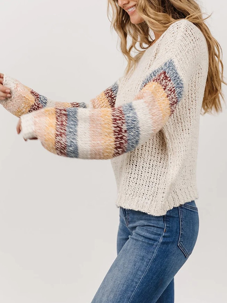 Crew Neck Ribbed Knit Sweater White Striped Plus Size Patchwork